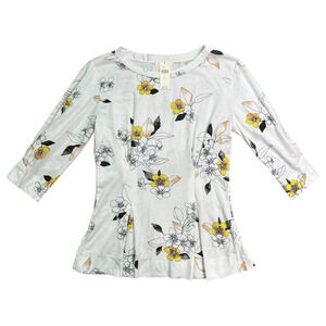 T.La Rooney Printed Blouse White Yellow Floral Sketch Anthropologie Size XS